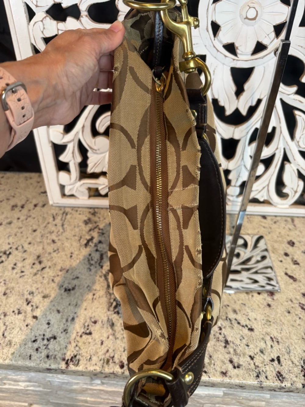Coach Large Carly Signature Canvas Shoulder Bag in Brown and Tan #10620 - Picture 10 of 13